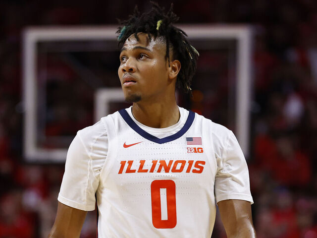 PISCATAWAY, NEW JERSEY - DECEMBER 2: Terrence Shannon Jr. #0 of the Illinois Fighting Illini in action against the Rutgers Scarlet Knights during a game at Jersey Mikes Arena on December 2, 2023 in Piscataway, New Jersey. Illinois defeated Rutgers 76-58.