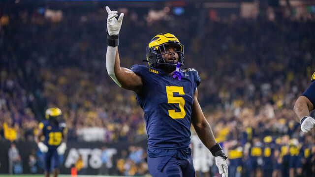 HOUSTON, TEXAS - JANUARY 08: Josaiah Stewart #5 of Michigan Wolverines reacts after a play during the second half of the 2024 CFP National Championship game against the Washington Huskies at NRG Stadium on January 08, 2024 in Houston, Texas. The Michigan Wolverines won the game 34-13.