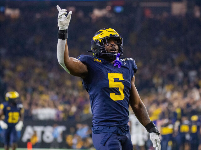HOUSTON, TEXAS - JANUARY 08: Josaiah Stewart #5 of Michigan Wolverines reacts after a play during the second half of the 2024 CFP National Championship game against the Washington Huskies at NRG Stadium on January 08, 2024 in Houston, Texas. The Michigan Wolverines won the game 34-13.