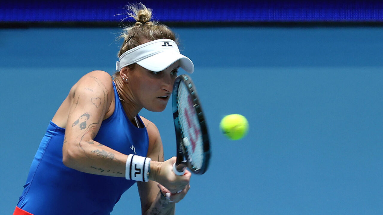 Czech Republic's Marketa Vondrousova hits a return against Serbia's Olga Danilovic during their women's single match at the United Cup tennis tournament in Perth on January 2, 2024.