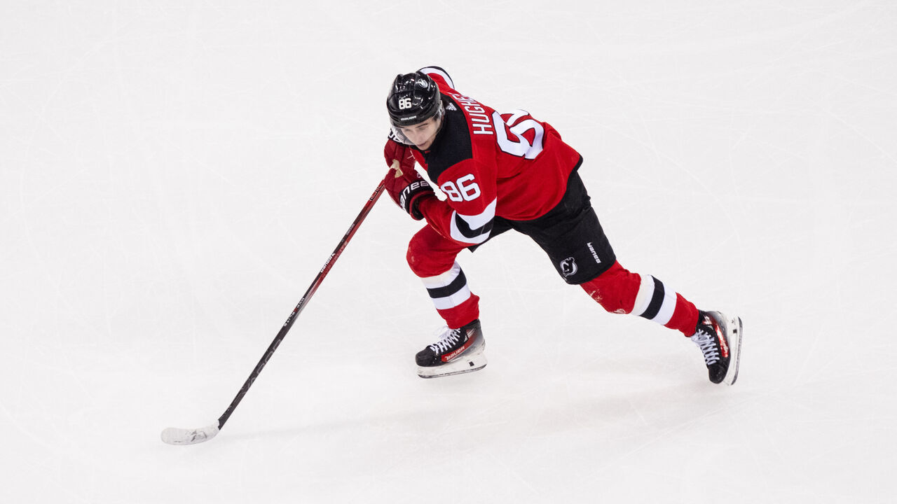 NEWARK, NEW JERSEY - JANUARY 05: Jack Hughes #86 of the New Jersey Devils skates during the first period of a game against the Chicago Blackhawks at Prudential Center on January 05, 2024 in Newark, New Jersey.