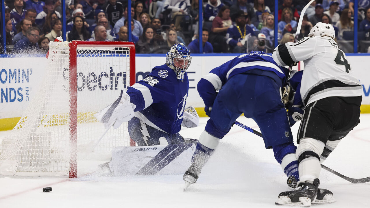 TAMPA, FL - JANUARY 28: Andrei Vasilevskiy #88 of the Tampa Bay Lightning skates against the Los Angeles Kings during the first period at Amalie Arena on January 28, 2023 in Tampa, Florida.