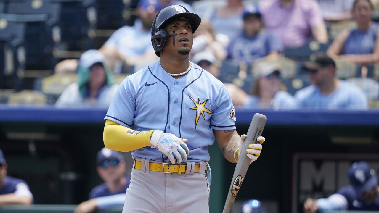 KANSAS CITY, MISSOURI - JULY 15: Wander Franco #5 of the Tampa Bay Rays hits in game one of a doubleheader against the Kansas City Royals at Kauffman Stadium on July 15, 2023 in Kansas City, Missouri.