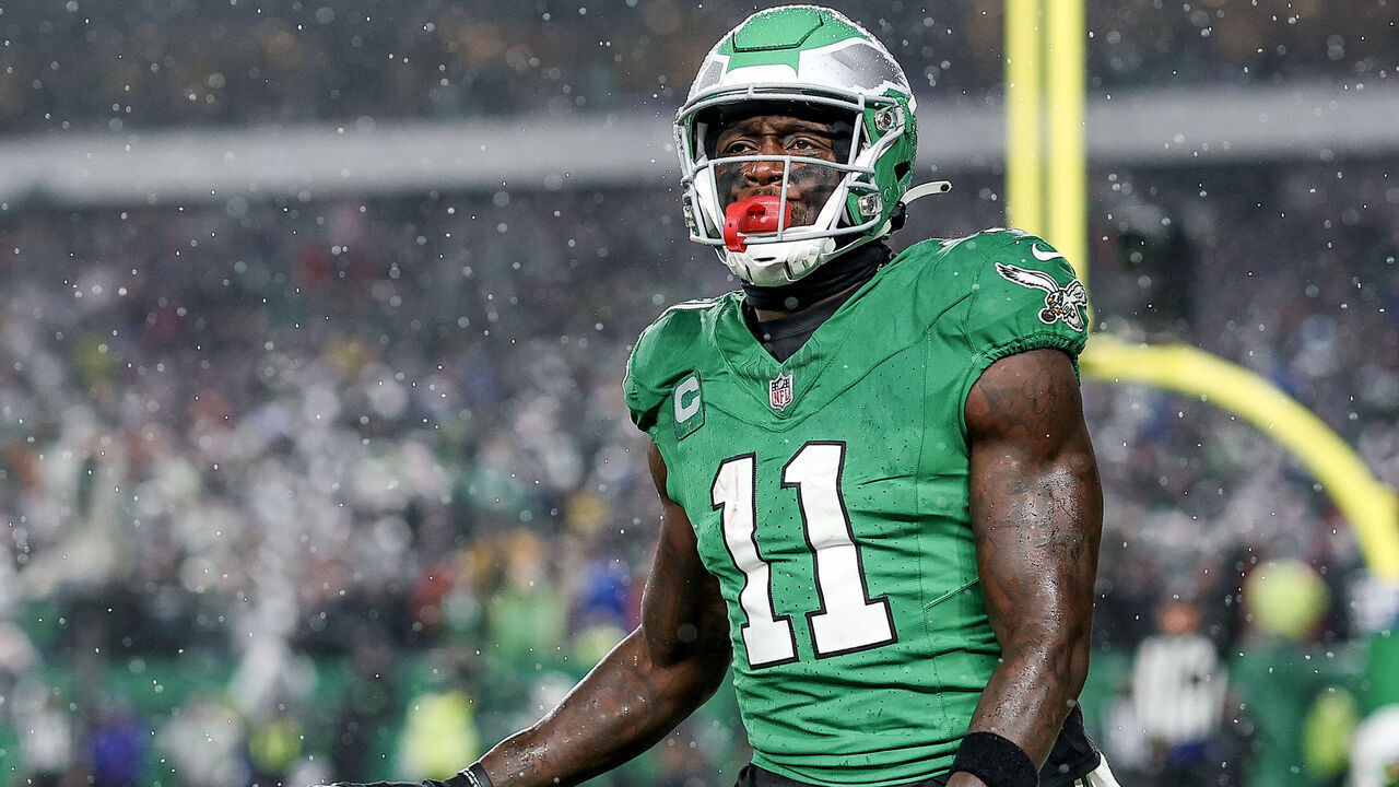 PHILADELPHIA, PENNSYLVANIA - NOVEMBER 26: A.J. Brown #11 of the Philadelphia Eagles reacts after a receiving touchdown during the third quarter against the Buffalo Bills at Lincoln Financial Field on November 26, 2023 in Philadelphia, Pennsylvania.