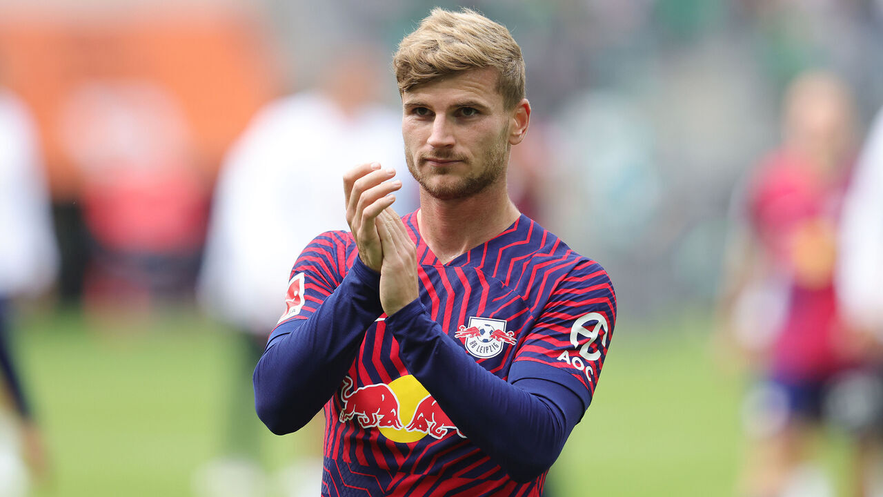 MOENCHENGLADBACH, GERMANY - SEPTEMBER 23: Timo Werner of RB Leipzig celebrates after the Bundesliga match between Borussia Mönchengladbach and RB Leipzig at Borussia Park Stadium on September 23, 2023 in Moenchengladbach, Germany.