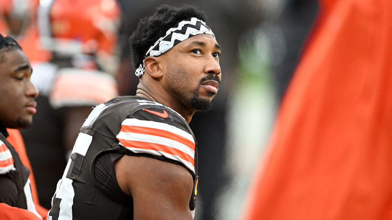 CLEVELAND, OHIO - DECEMBER 17: Myles Garrett #95 of the Cleveland Browns looks on during the second half against the Chicago Bears at Cleveland Browns Stadium on December 17, 2023 in Cleveland, Ohio.