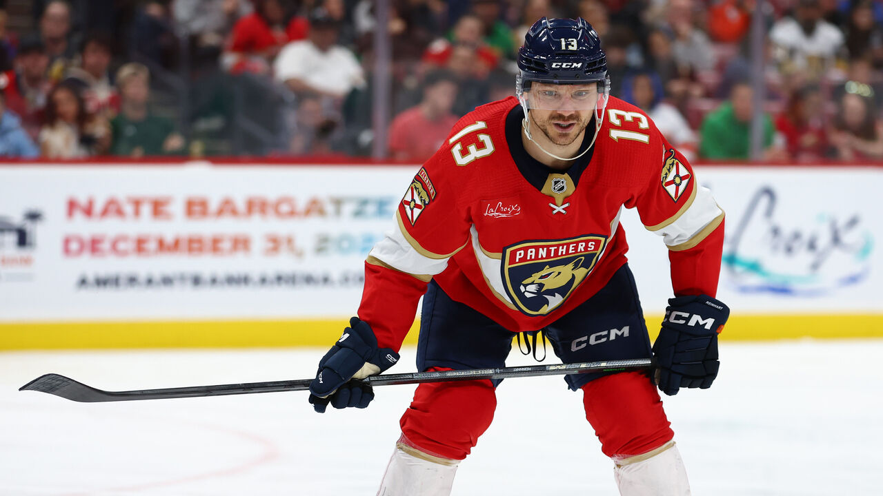 SUNRISE, FLORIDA - DECEMBER 23: Sam Reinhart #13 of the Florida Panthers looks on Vegas Golden Knights during the second period of the game at Amerant Bank Arena on December 23, 2023 in Sunrise, Florida.