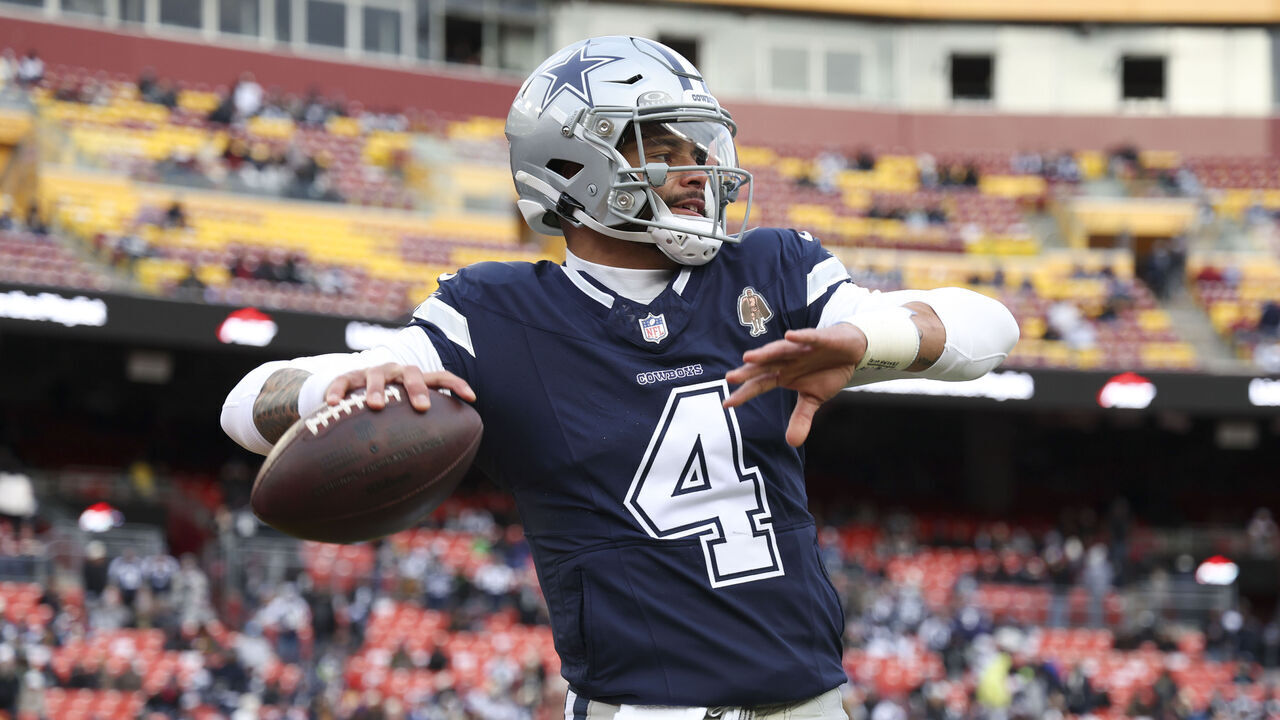 LANDOVER, MARYLAND - JANUARY 07: Dak Prescott #4 of the Dallas Cowboys warms up prior to an NFL football game against the Washington Commanders at FedExField on January 7, 2024 in Landover, Maryland.