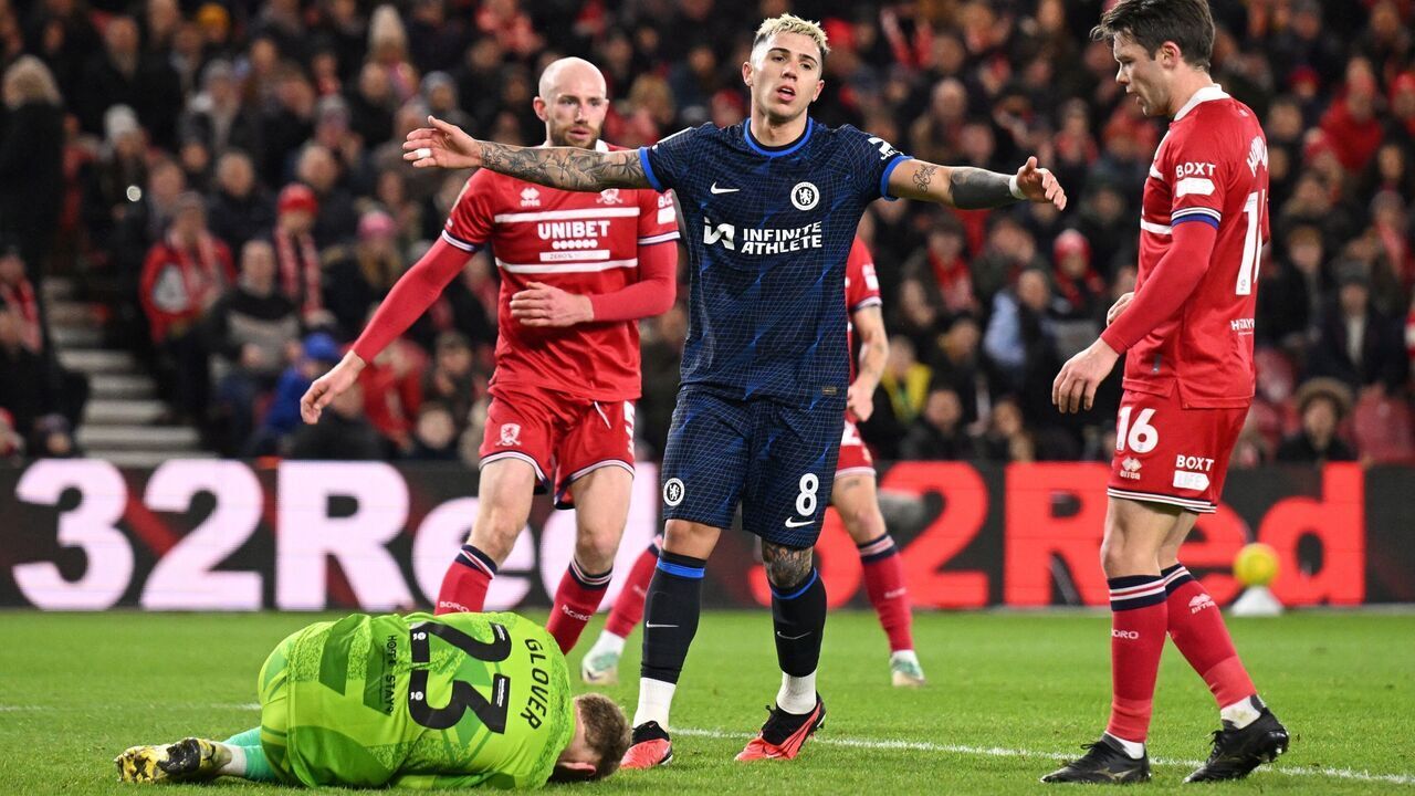 Chelsea's Argentinian midfielder #08 Enzo Fernandez (C) reacts after missing to score during the English League Cup first-leg semi-final football match between Middlesbrough and Chelsea at the Riverside Stadium in Middlesbrough, northeast England on January 9, 2024.