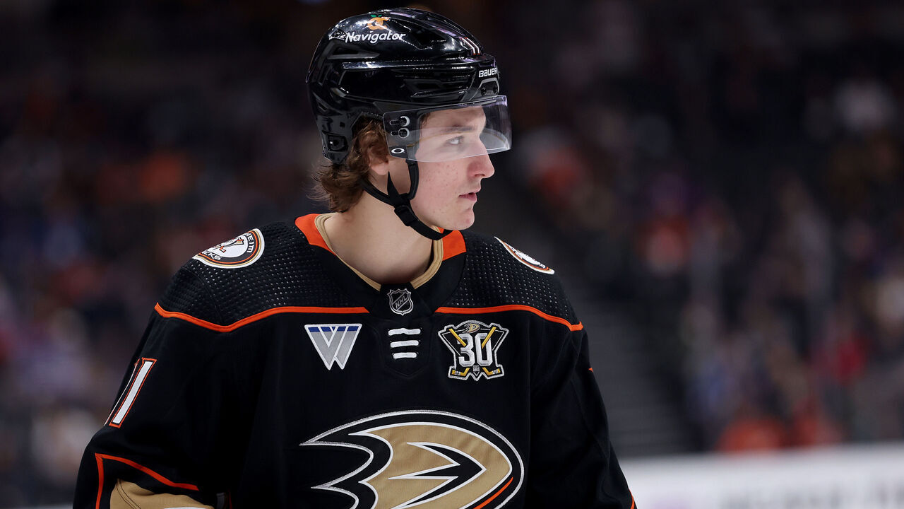 ANAHEIM, CALIFORNIA - JANUARY 03: Trevor Zegras #11 of the Anaheim Ducks looks on during the third period of a game against the Toronto Maple Leafs at Honda Center on January 03, 2024 in Anaheim, California.