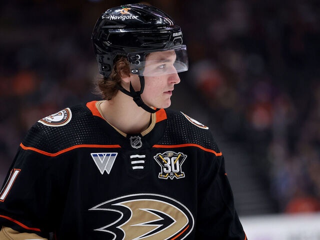 ANAHEIM, CALIFORNIA - JANUARY 03: Trevor Zegras #11 of the Anaheim Ducks looks on during the third period of a game against the Toronto Maple Leafs at Honda Center on January 03, 2024 in Anaheim, California.