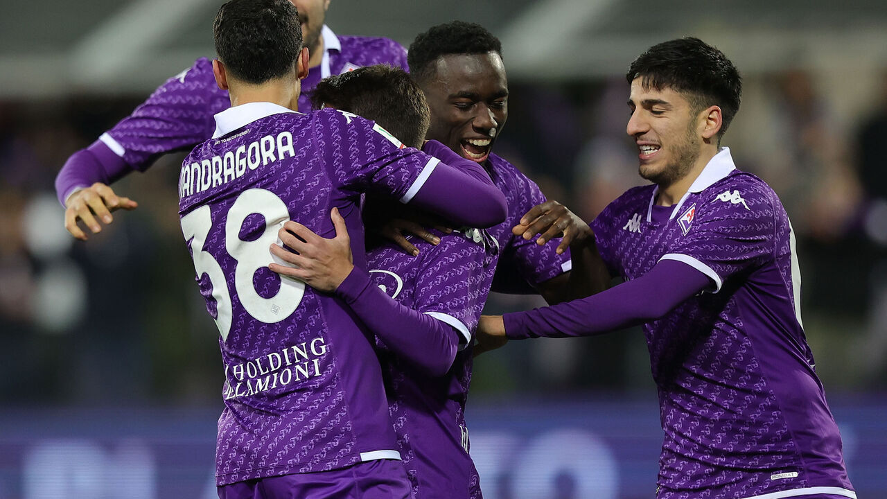 FLORENCE, ITALY - JANUARY 9: Maxime Lopez of ACF Fiorentina celebrates the victory after the match between of ACF Fiorentina and Bologna FC - Coppa Italia at Stadio Artemio Franchi on January 9, 2024 in Florence, Italy.