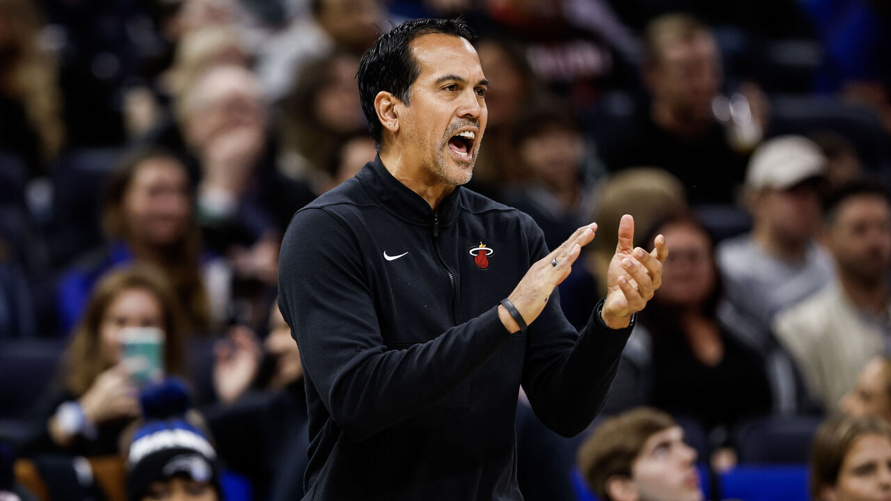 ORLANDO, FLORIDA - DECEMBER 20: Head Coach Erik Spoelstra of the Miami Heat reacts during the first half of a game against the Orlando Magic at the Kia Center on December 20, 2023 in Orlando, Florida.