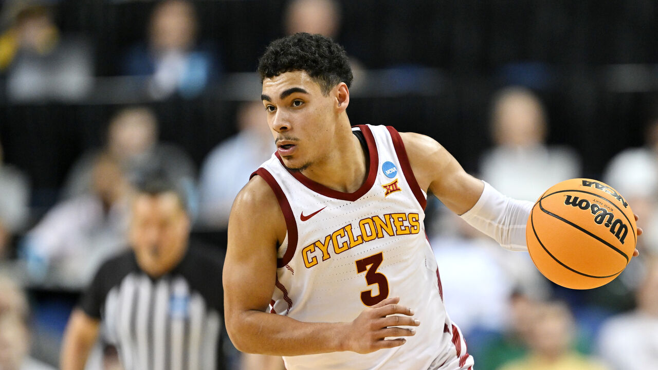 GREENSBORO, NC - MARCH 17: Tamin Lipsey #3 of the Iowa State Cyclones moves the ball against the Pittsburgh Panthers during the first round of the 2023 NCAA Men's Basketball Tournament held at Greensboro Coliseum on March 17, 2023 in Greensboro, North Carolina.