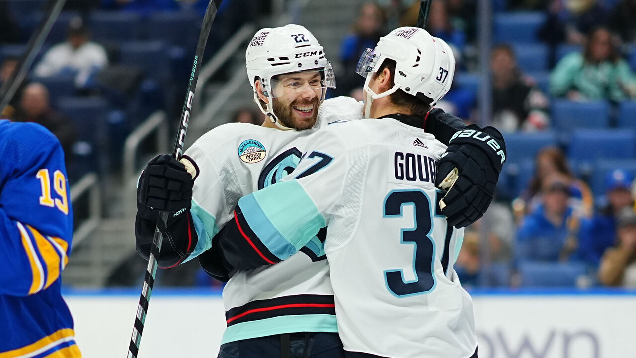 BUFFALO, NEW YORK - JANUARY 9: Yanni Gourde #37 celebrates his first period goal with Oliver Bjorkstrand #22 of the Seattle Kraken during an NHL game against the Buffalo Sabres on January 9, 2024 at KeyBank Center in Buffalo, New York.