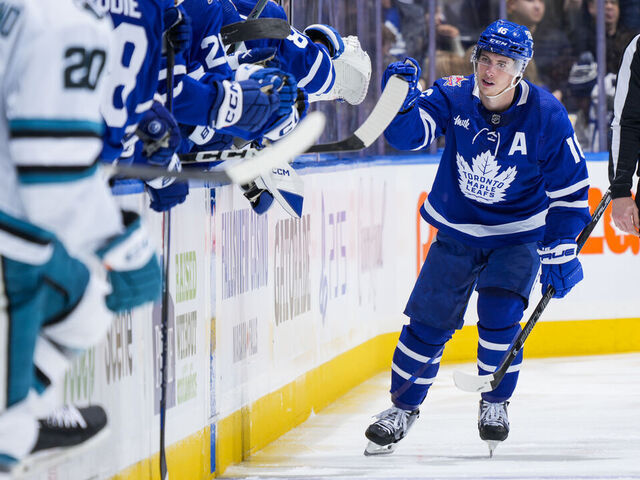 TORONTO, ON - JANUARY 9: Mitchell Marner #16 of the Toronto Maple Leafs celebrates his goal against the San Jose Sharks during the second period at Scotiabank Arena on January 9, 2024 in Toronto, Ontario, Canada.