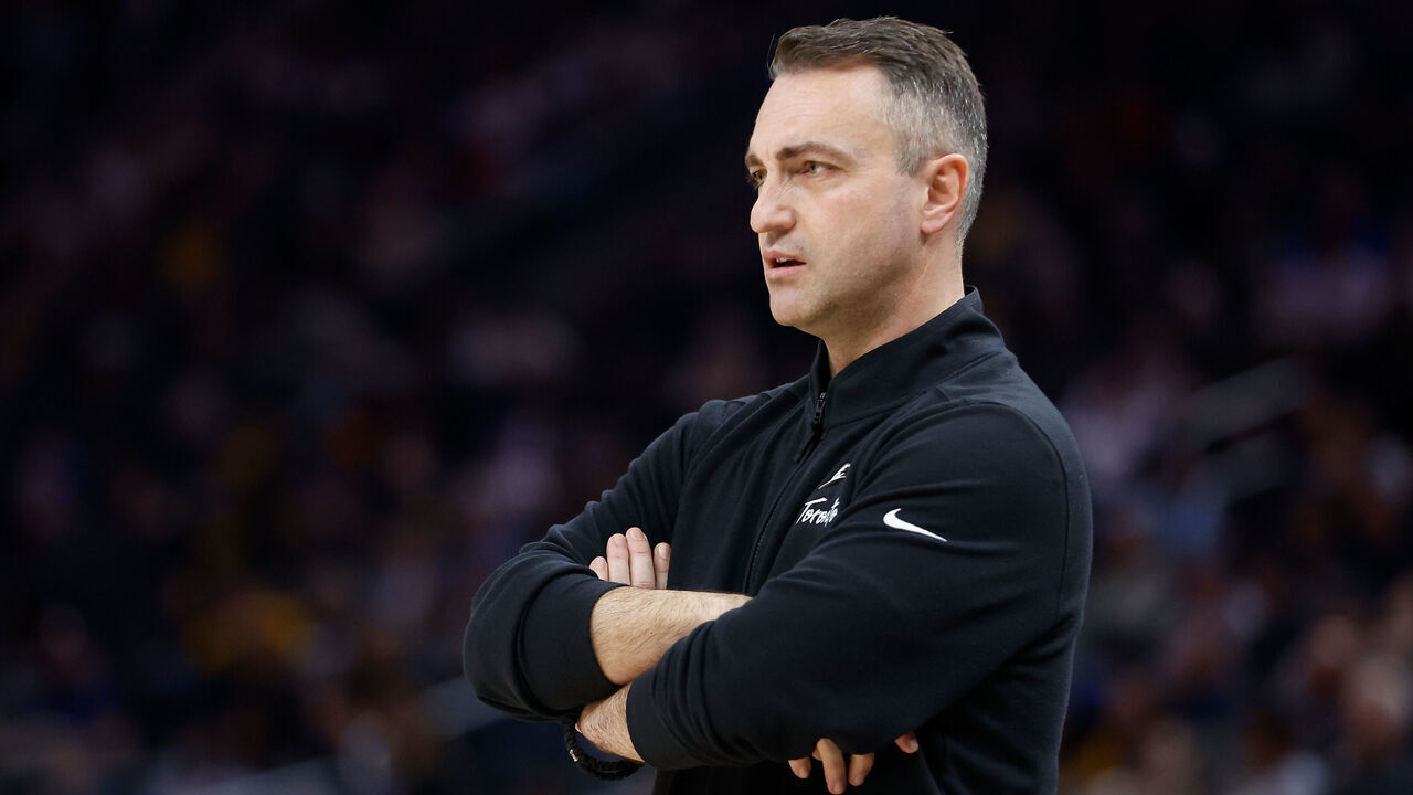 SAN FRANCISCO, CALIFORNIA - JANUARY 07: Darko Rajakovic head coach of the Toronto Raptors looks on during the game against the Golden State Warriors at Chase Center on January 07, 2024 in San Francisco, California.