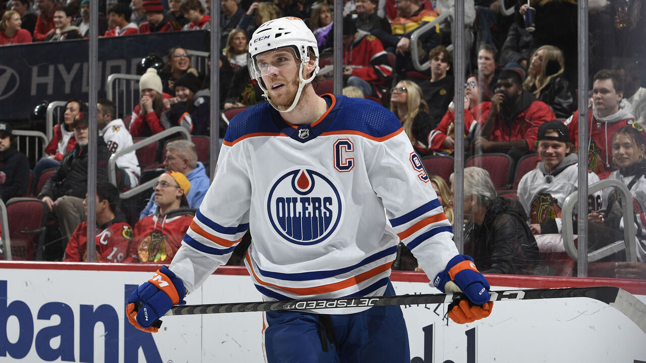 CHICAGO, ILLINOIS - JANUARY 09: Connor McDavid #97 of the Edmonton Oilers looks on in the first period against the Chicago Blackhawks at the United Center on January 09, 2024 in Chicago, Illinois.