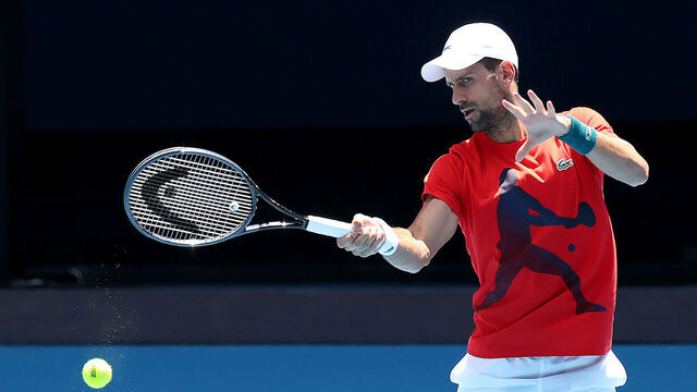 MELBOURNE, AUSTRALIA - JANUARY 10: Novak Djokovic of Serbia plays a forehand during a training session ahead of the 2024 Australian Open at Melbourne Park on January 10, 2024 in Melbourne, Australia.