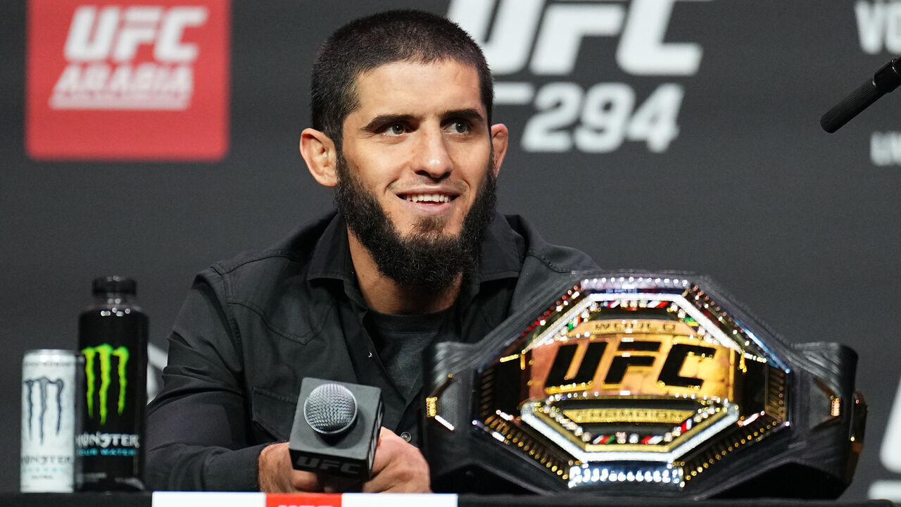 ABU DHABI, UNITED ARAB EMIRATES - OCTOBER 19: Islam Makhachev of Russia is seen on stage during the UFC 294 press conference at Etihad Arena on October 19, 2023 in Abu Dhabi, United Arab Emirates.
