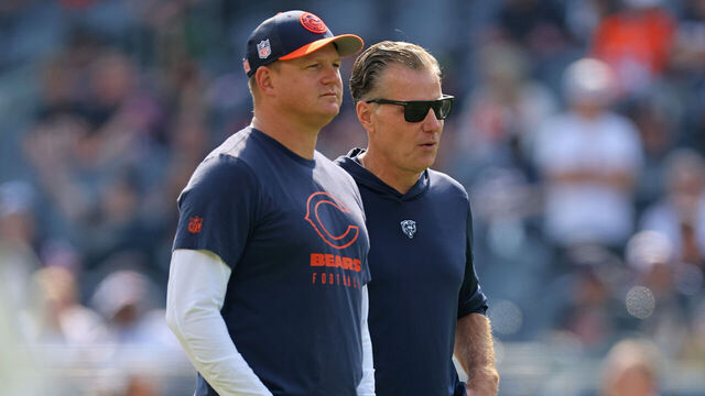 CHICAGO, ILLINOIS - SEPTEMBER 10: Offensive coordinator Luke Getsy and head coach Matt Eberflus of the Chicago Bears looks on during warmups prior to the game against the Green Bay Packers at Soldier Field on September 10, 2023 in Chicago, Illinois.