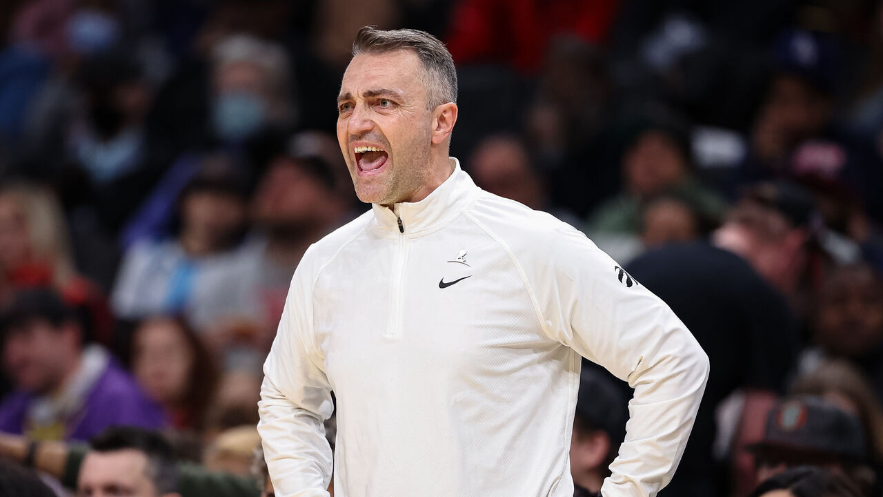 WASHINGTON, DC - DECEMBER 27: Head coach Darko Rajakovic of the Toronto Raptors reacts against the Washington Wizards during the first half at Capital One Arena on December 27, 2023 in Washington, DC.