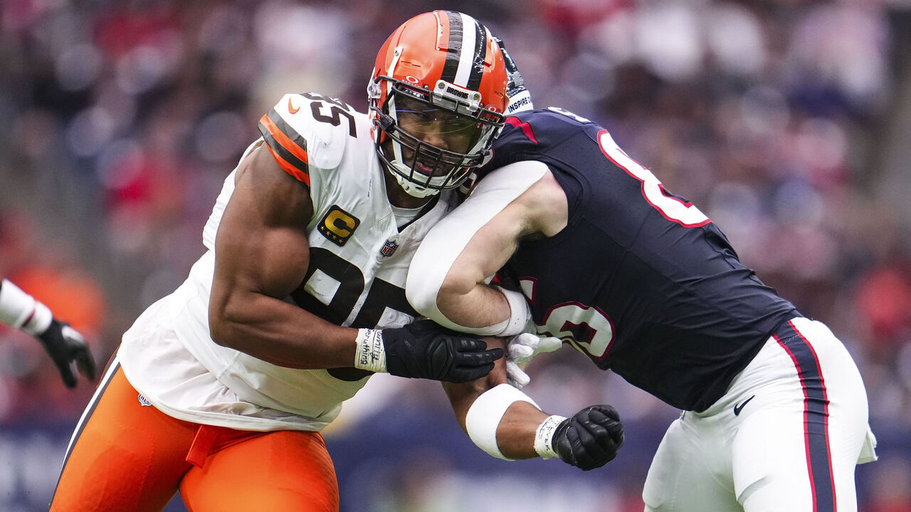 HOUSTON, TX - DECEMBER 24: Myles Garrett #95 of the Cleveland Browns rushes the passer during an NFL football game against the Houston Texans at NRG Stadium on December 24, 2023 in Houston, Texas.