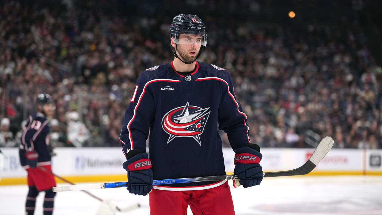 COLUMBUS, OHIO - JANUARY 06: Adam Fantilli #11 of the Columbus Blue Jackets takes a break during a stoppage in play against the Minnesota Wild at Nationwide Arena on January 06, 2024 in Columbus, Ohio.