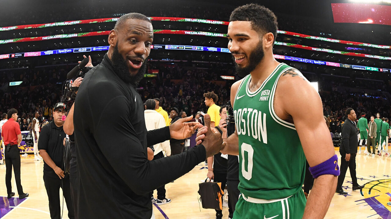 LOS ANGELES, CA - DECEMBER 25: LeBron James #23 of the Los Angeles Lakers talks to Jayson Tatum #0 of the Boston Celtics after the game on December 25, 2023 at Crypto.Com Arena in Los Angeles, California. NOTE TO USER: User expressly acknowledges and agrees that, by downloading and/or using this Photograph, user is consenting to the terms and conditions of the Getty Images License Agreement. Mandatory Copyright Notice: Copyright 2023 NBAE