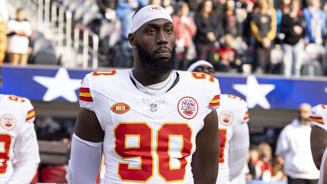 INGLEWOOD, CALIFORNIA - JANUARY 07: Charles Omenihu #90 of the Kansas City Chiefs looks on during the national anthem prior to an NFL football game between the Los Angeles Chargers and the Kansas City Chiefs at SoFi Stadium on January 07, 2024 in Inglewood, California.