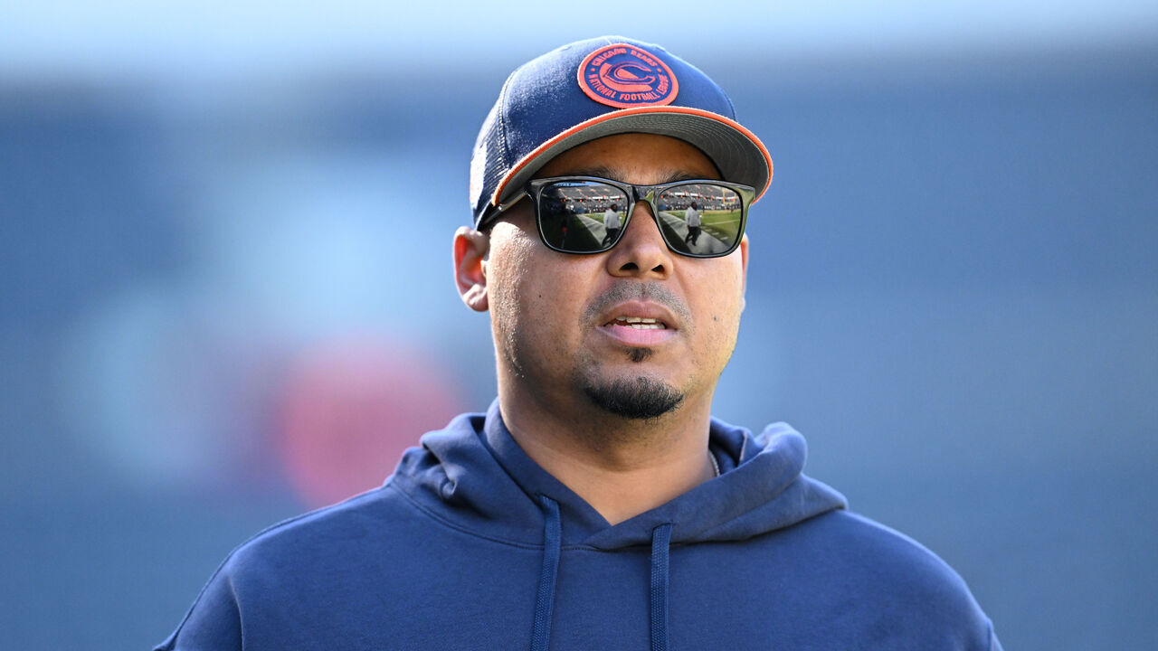 CHICAGO, ILLINOIS - OCTOBER 22: Chicago Bears general manager Ryan Poles walks the field before the game against the Las Vegas Raiders at Soldier Field on October 22, 2023 in Chicago, Illinois.