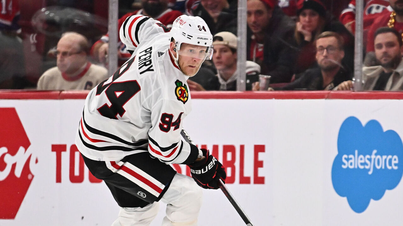 MONTREAL, CANADA - OCTOBER 14: Corey Perry #94 of the Chicago Blackhawks skates the puck during the third period against the Montreal Canadiens at the Bell Centre on October 14, 2023 in Montreal, Quebec, Canada. The Montreal Canadiens defeated the Chicago Blackhawks 3-2.