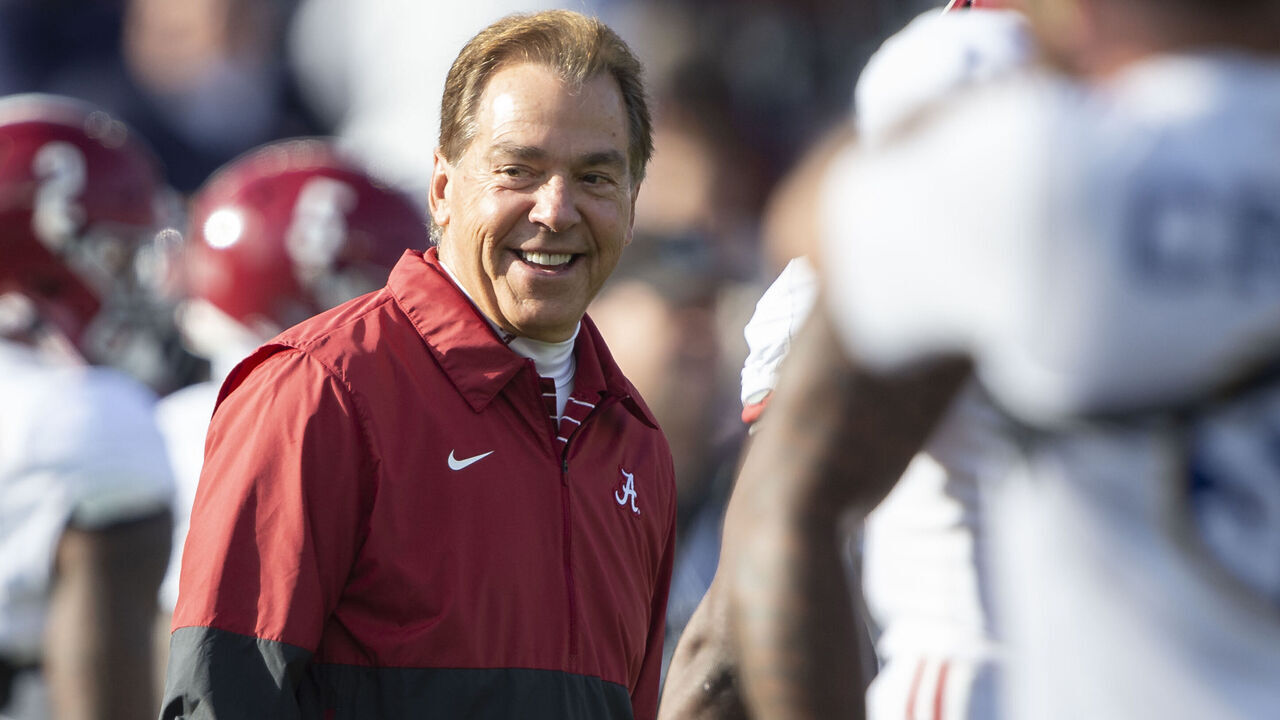 AUBURN, ALABAMA - NOVEMBER 25: Head coach Nick Saban of the Alabama Crimson Tide prior to their game against the Auburn Tigers at Jordan-Hare Stadium on November 25, 2023 in Auburn, Alabama.