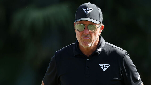 DORAL, FLORIDA - OCTOBER 21: Captain Phil Mickelson of HyFlyers GC looks on from the 11th green during Day Two of the LIV Golf Invitational - Miami at Trump National Doral Miami on October 21, 2023 in Doral, Florida.