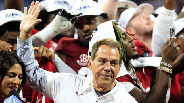 ATLANTA, GA - DECEMBER 02: Alabama head coach Nick Saban waves to the fans after the college football SEC Championship game between the Alabama Crimson Tide and the Georgia Bulldogs on December 2, 2023 at the Mercedes-Benz Stadium in Atlanta, GA.