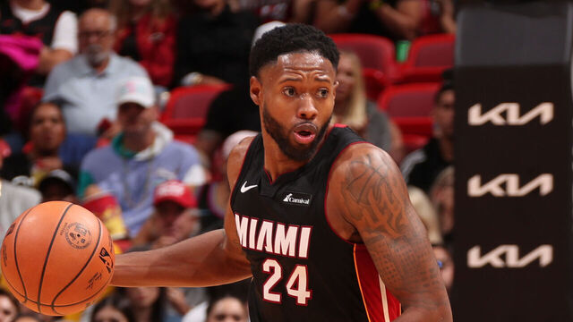 MIAMI, FL - JANUARY 10: Haywood Highsmith #24 of the Miami Heat handles the ball during the game against the Oklahoma City Thunder on January 10, 2023 at Kaseya Center in Miami, Florida. Mandatory Copyright Notice: Copyright 2023 NBAE