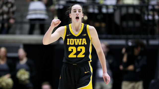 WEST LAFAYETTE, INDIANA - JANUARY 10: Caitlin Clark #22 of the Iowa Hawkeyes celebrates in the first half against the Purdue Boilermakers at Mackey Arena on January 10, 2024 in West Lafayette, Indiana.