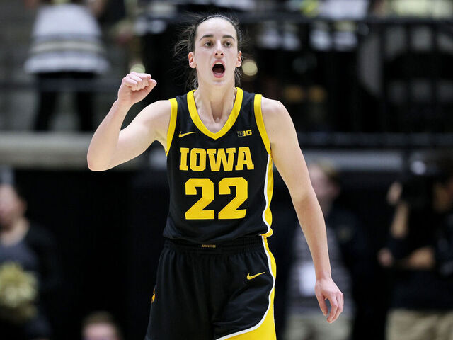 WEST LAFAYETTE, INDIANA - JANUARY 10: Caitlin Clark #22 of the Iowa Hawkeyes celebrates in the first half against the Purdue Boilermakers at Mackey Arena on January 10, 2024 in West Lafayette, Indiana.