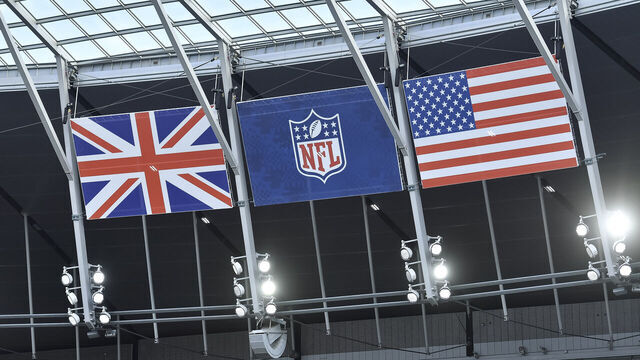 LONDON, ENGLAND - OCTOBER 09: . ,general view inside the stadium with flags of Great Britain,NFL and USA prior to the NFL match between New York Giants and Green Bay Packers at Tottenham Hotspur Stadium on October 9, 2022 in London, England.