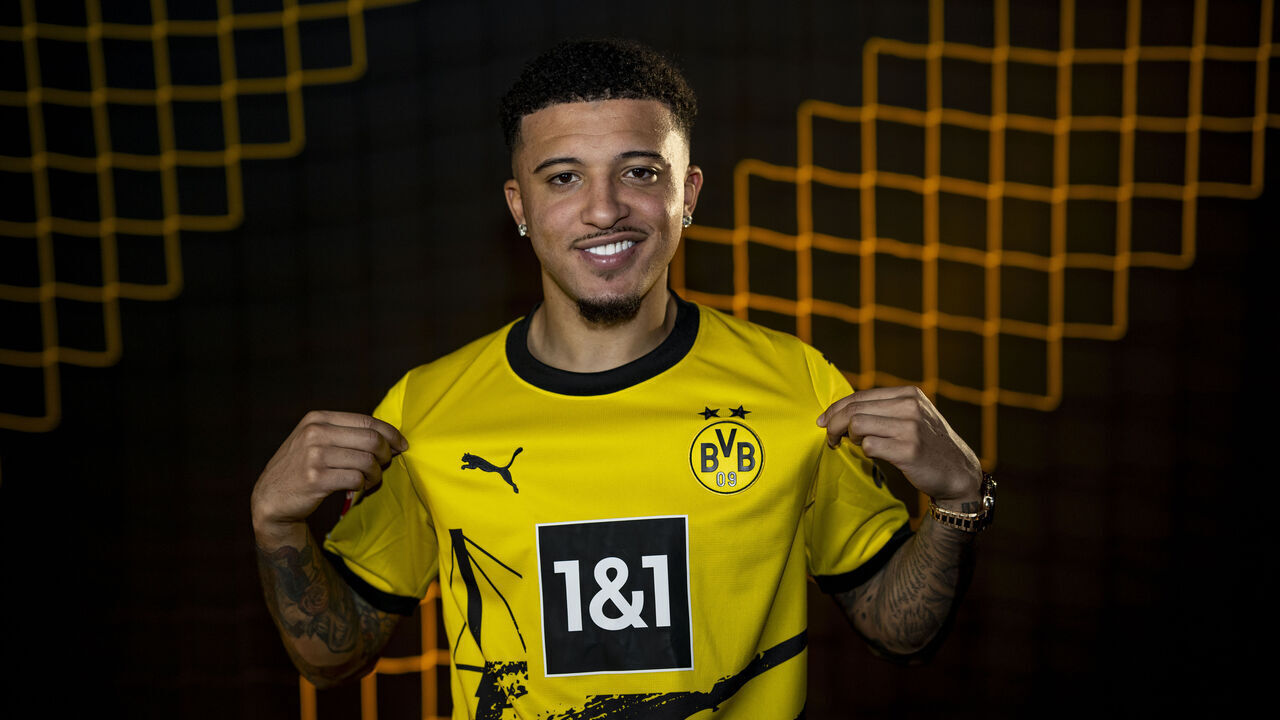 DORTMUND, GERMANY - JANUARY 11: Jadon Sancho poses after being signed by Borussia Dortmund on loan on January 11, 2024 in Dortmund, Germany.