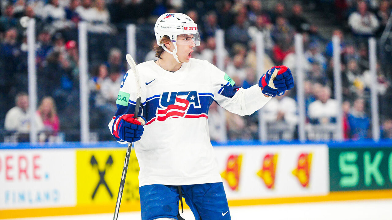 TAMPERE, FINLAND - MAY 25: Cutter Gauthier of USA celebrates after scoring during the 2023 IIHF Ice Hockey World Championship Finland - Latvia game between United States and Czech Republic at on May 25, 2023 in Tampere, Finland.