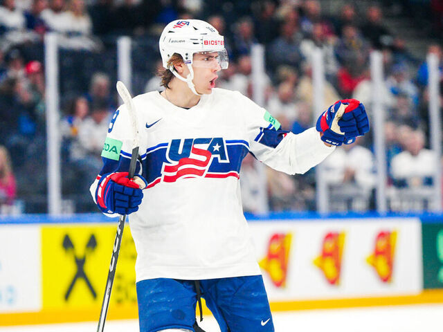 TAMPERE, FINLAND - MAY 25: Cutter Gauthier of USA celebrates after scoring during the 2023 IIHF Ice Hockey World Championship Finland - Latvia game between United States and Czech Republic at on May 25, 2023 in Tampere, Finland.