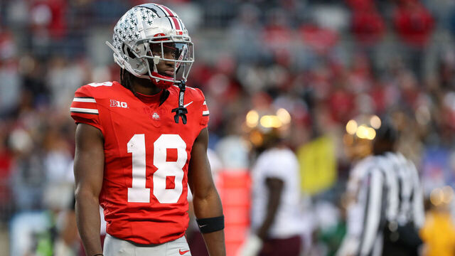 COLUMBUS, OH - NOVEMBER 18: Ohio State Buckeyes wide receiver Marvin Harrison Jr. (18) lines up for a play during the game against the Minnesota Golden Gophers and the Ohio State Buckeyes on November 18, 2023, at Ohio Stadium in Columbus, OH.