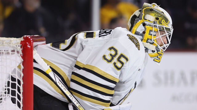 TEMPE, ARIZONA - JANUARY 09: Goaltender Linus Ullmark #35 of the Boston Bruins during the NHL game at Mullett Arena on January 09, 2024 in Tempe, Arizona. The Coyotes defeated the Bruins 4-3 in overtime.