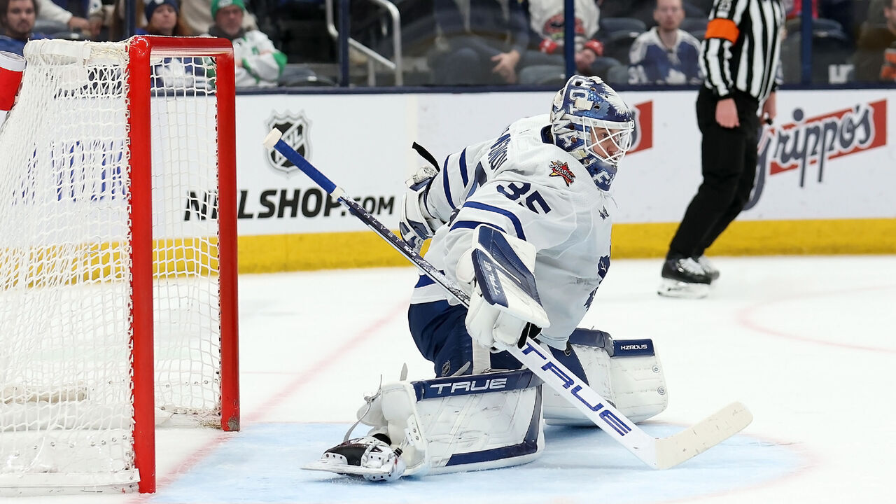 COLUMBUS, OHIO - DECEMBER 29: Ilya Samsonov #35 of the Toronto Maple Leafs makes a save during the game against the Columbus Blue Jackets at Nationwide Arena on December 29, 2023 in Columbus, Ohio. Columbus defeated Toronto 6-5 in overtime.