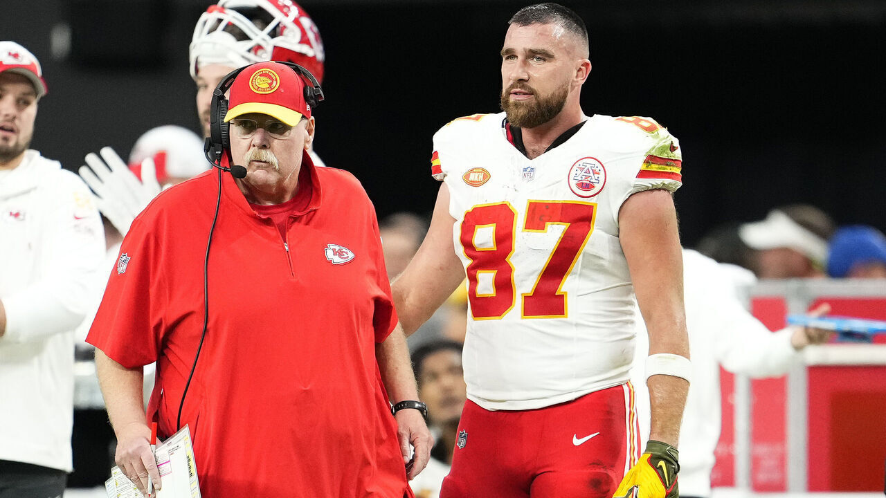 LAS VEGAS, NEVADA - NOVEMBER 26: Head coach Andy Reid and Travis Kelce #87 of the Kansas City Chiefs look on during the second quarter of a game against the Las Vegas Raiders at Allegiant Stadium on November 26, 2023 in Las Vegas, Nevada.