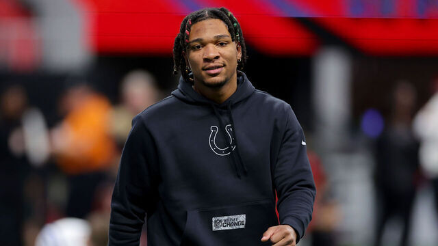 ATLANTA, GEORGIA - DECEMBER 24: Anthony Richardson #5 of the Indianapolis Colts looks on prior to the game against the Atlanta Falcons at Mercedes-Benz Stadium on December 24, 2023 in Atlanta, Georgia.