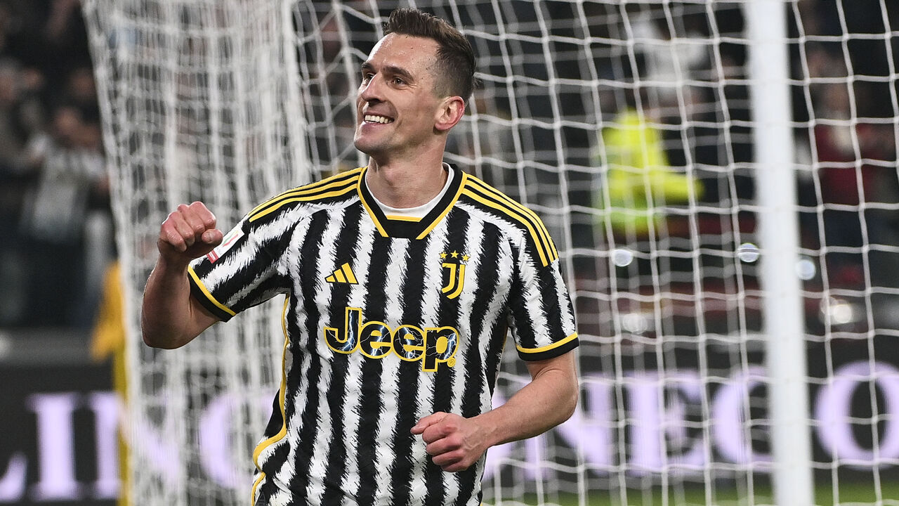 TURIN, ITALY - JANUARY 11: Arkadiusz Milik of Juventus FC celebrates a second goal during the match between Juventus FC v Frosinone Calcio: Quarter Final - Coppa Italia at Allianz Stadium on January 11, 2024 in Turin, Italy.