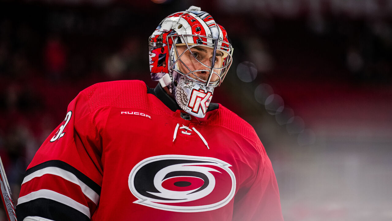 RALEIGH, NORTH CAROLINA - JANUARY 11: Pyotr Kochetkov #52 of the Carolina Hurricanes warms up prior to a game against the Anaheim Ducks at PNC Arena on January 11, 2024 in Raleigh, North Carolina.