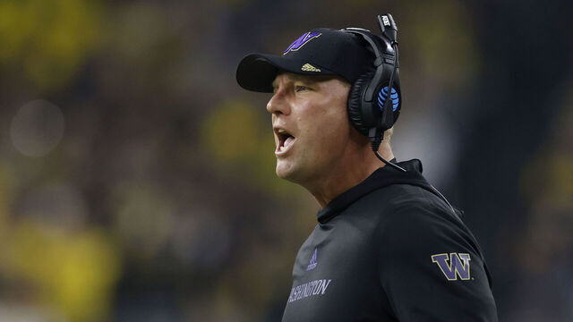 HOUSTON, TX - JANUARY 08: Washington Huskies head coach Kalen DeBoer reacts during the CFP National Championship against the Michigan Wolverines on January 08, 2024 at NRG Stadium in Houston, Texas.